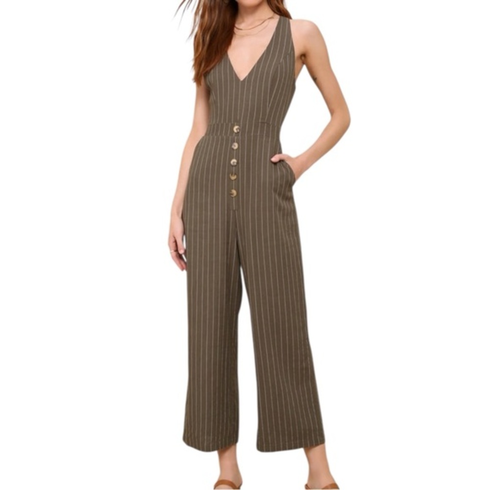 NWT Lulus Adorably Sophisticated Olive Green Striped Cropped Jumpsuit sz Small